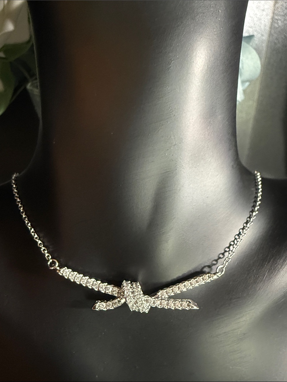 Sparkling Bow Knot Necklace — Silver Crystal Accent